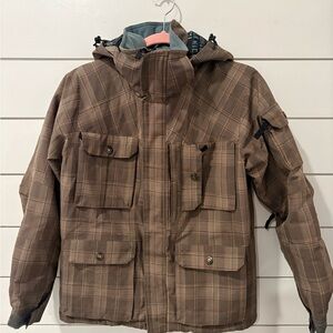 Reserved Brown Plaid Ski Jacket with Hood. Boys size M
